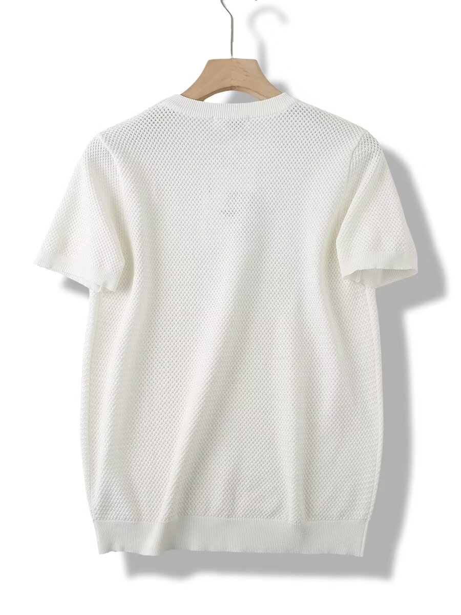 Men's Pineapple Knit T-Shirt – Breathable Textured Short Sleeve Top With Drop Shoulder & Retro Geometric Stripes (M-3XL)_voghion.com