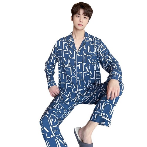 Men's Spring and Autumn Long Sleeve Cotton Silk Pajama Set with Simple and Refined Style, Thin Summer Collar Home Wear Suit