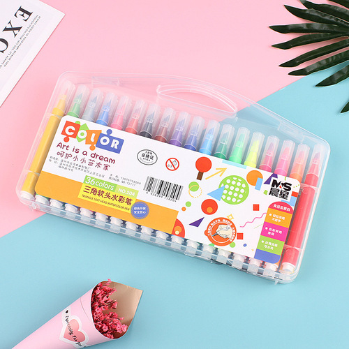 Cartoon Soft Tip Triangle Rod Watercolor Brush Set for Students, 12, 24, 36 Color Liner Brushes, Colored Drawing Pens