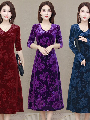 Velvet 3D Printed Dress for Women - Spring and Autumn/Winter Plus Size - Elegant and Slimming - Mother's Dress - Large Swing Over-Knee Length
