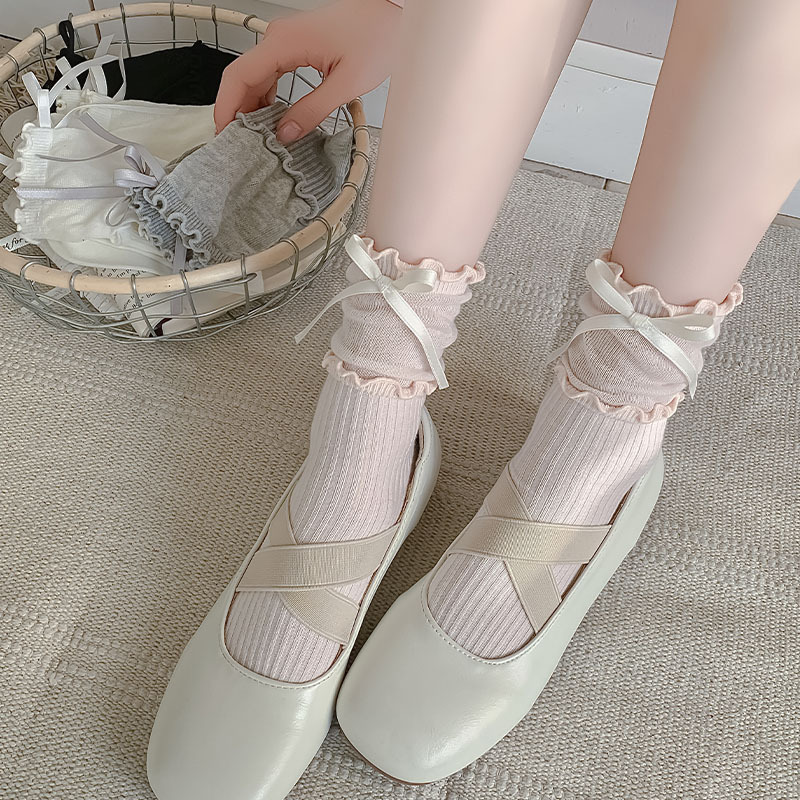 Japanese Sweet Ear Ribbon Bow Stacking Socks Women's Summer Thin Design Sense Mesh Stitching Mid-Tube Socks