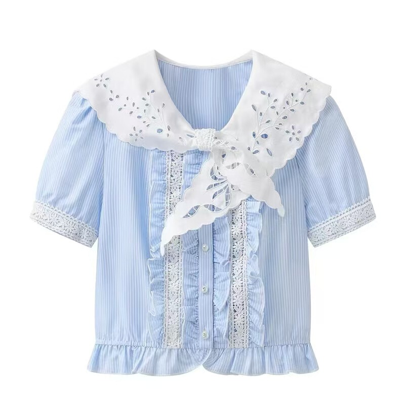 In Stock 2026 Summer New Style Sweet and Elegant Lace-Trimmed Hollow-Out Navy Collar Short-Sleeve Shirt for Women 1621044 In Stock 2026 Summer New Style Sweet and Elegant Lace-Trimmed Hollow-Out Navy Collar Short-Sleeve Shirt for Women 1621044