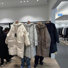 现h韩国东大门同款bruni纯色牛角扣加厚连帽长款保暖羽绒服女士