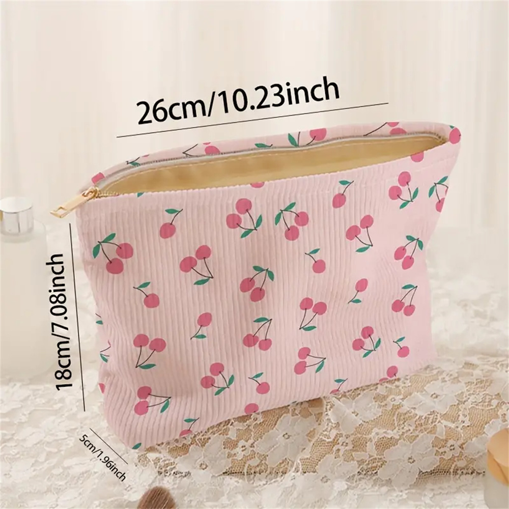 Zipper Closure Type / Strap Type Elegant Streetwear Cherry Corduroy Square Makeup Bags