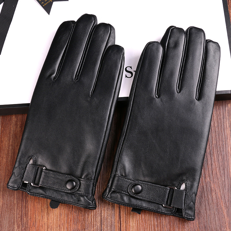 Guantes térmicos de piel de oveja de otoño e invierno guantes de cuero de pantalla táctil de conducción cálida engrosada para hombres simples