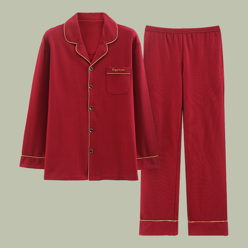Transfronterizos para otoño recién casados de algodón pijama de manga larga ropa de casa roja grande cardigan set de algodón festivo