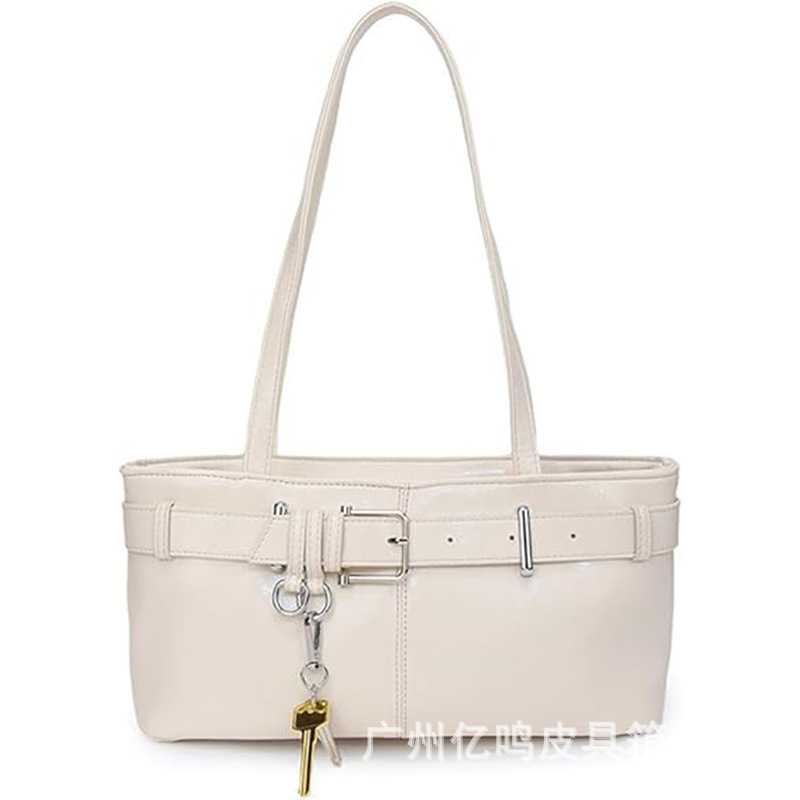 Vintage Women's Shoulder Bag Y2K Underarm Purse Belt Buckle Small Satchel Handbag Leather Keychain Pillow Bag
