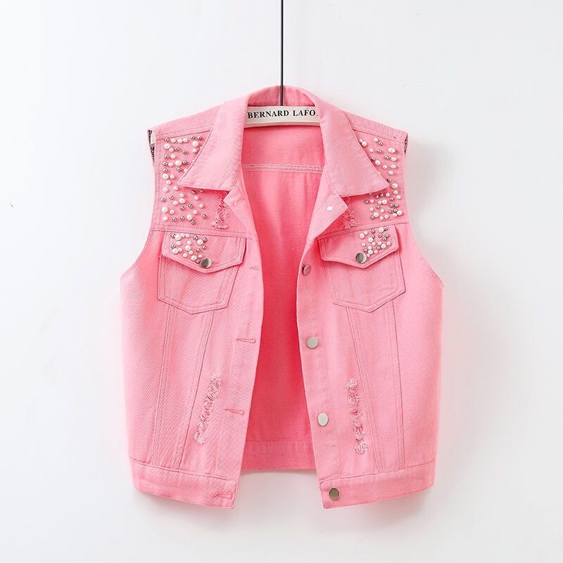 Multicolor Denim Vest for Women, New Spring/Summer Style, Washed with Holes and Beaded, Sleeveless Jacket, Slim Fit, Versatile, Trendy Vest Top