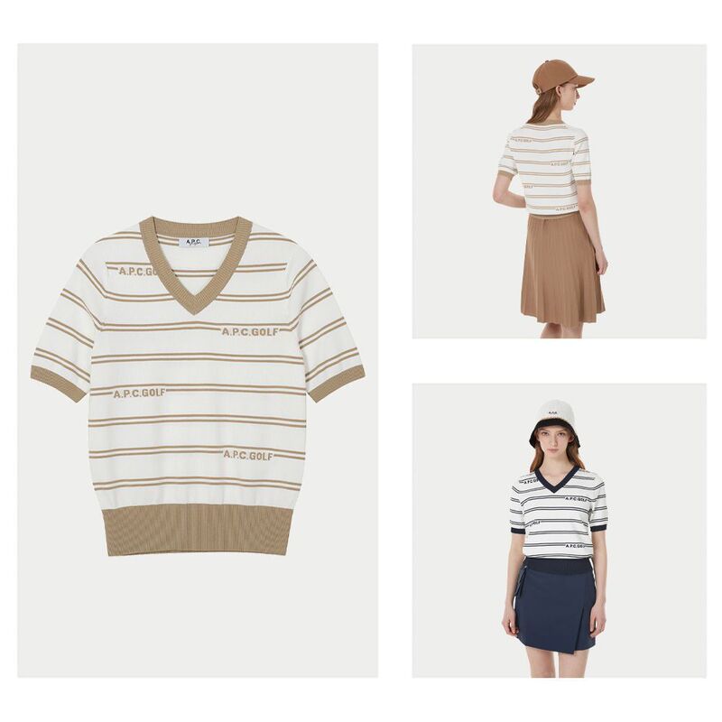 Apc Knitted Short-Sleeved Women's Korean Golf V Neck Autum Bottoming Shirt Comfortable and Warm T-Shirt Stripesd New Summer