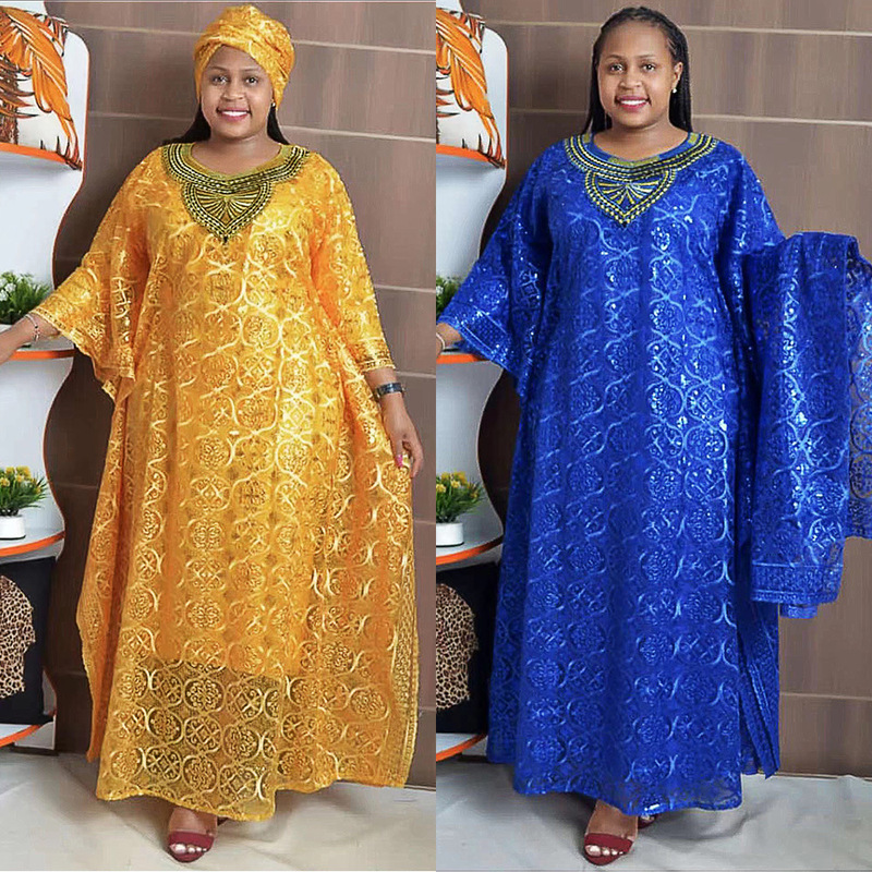 European and American Foreign Trade African Women's Embroidered Lace Loose Bat Sleeve Dress Robe Three-piece Vest with Turban