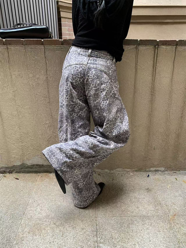 [9hour]美式辣妹风豹纹牛仔裤女 2025秋季低腰分割弯刀阔腿裤8999|undefined