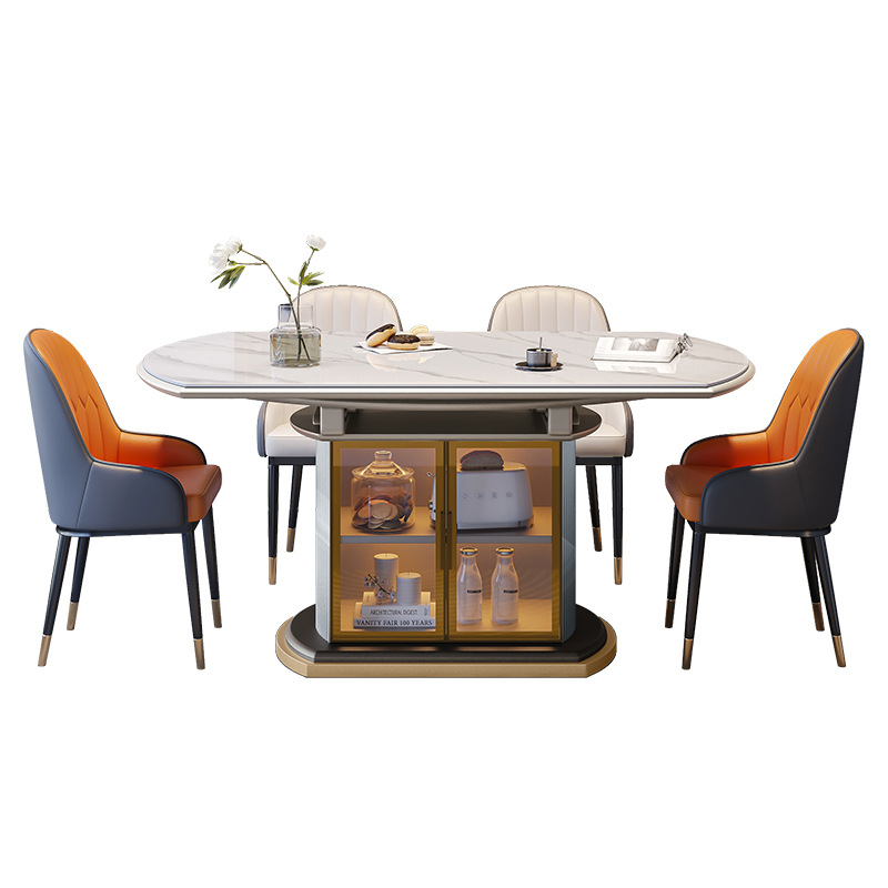 Light Luxury Slate Dining Table Modern Simple Variable Round Table Storage Dining Table Home Small Apartment Telescopic Folding Induction Cooker