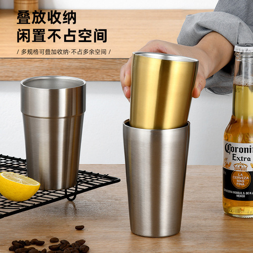 Stainless steel cup with drilling and hammer texture, double-layer Korean style, large capacity, stackable, fire rhombus tea cup, water cup, coffee cup 304
