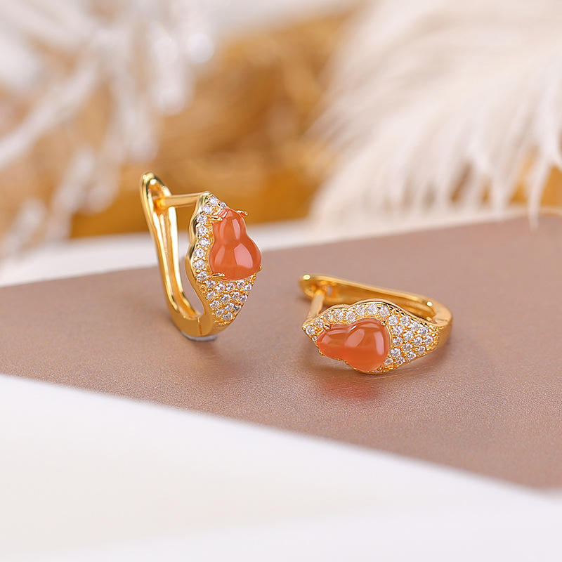 Bông tai đinh tán hoa tai kẹp phong cách Trung Quốc khí chất, đá đỏ ngọc bích mạ vàng bạc S925 — Mẫu đỏ nam