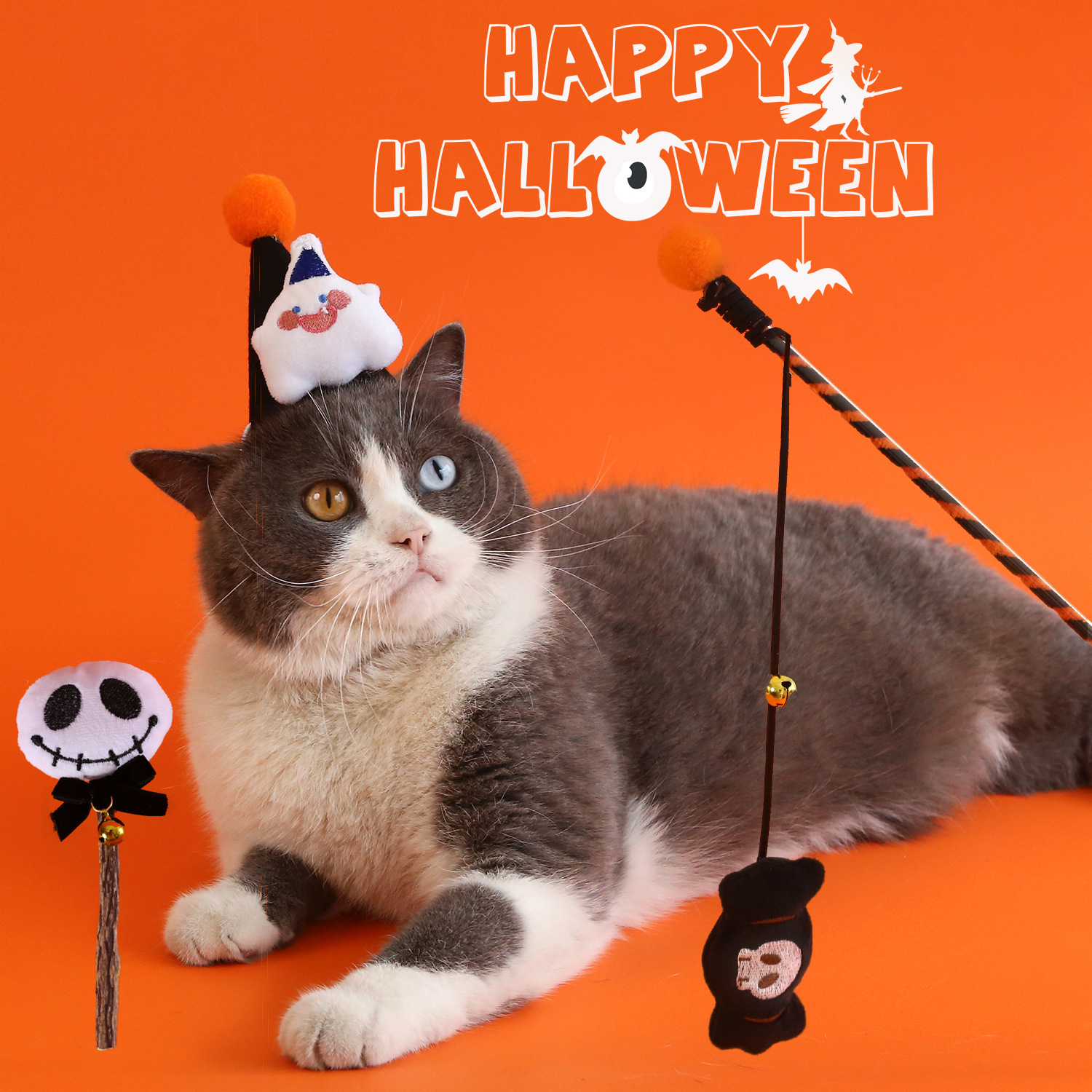 Mascotas gatos Halloween tres piezas set sombrero de dibujos animados fantasmas gatos palo calabaza sonido palo molar juguete regalo