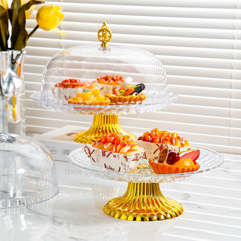 Bandeja de pastel redonda de plástico transparente de estilo europeo, mesa de exhibición de postres, bandeja de postre de fruta de pie alto creativo, adornos con tapa