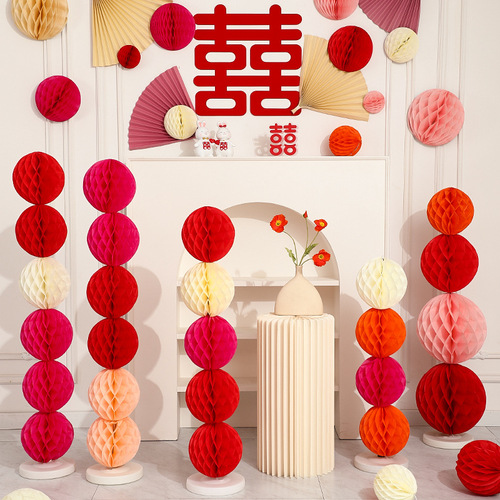 Wedding honeycomb ball column floor floating decoration for men and women wedding room bedroom lantern pull flower wedding room decoration set