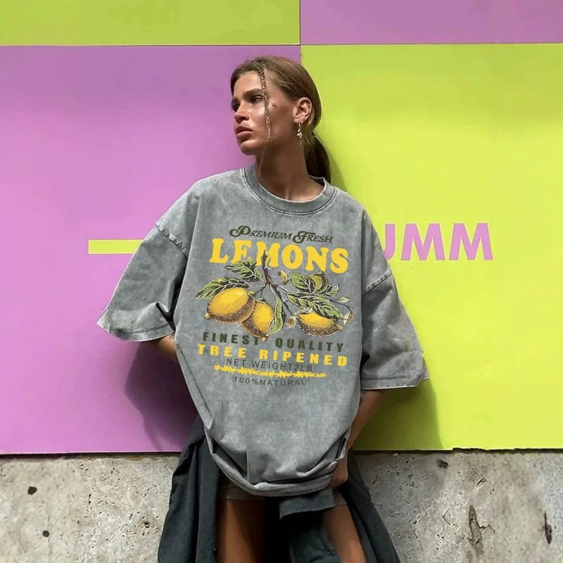 Fresh Lemon Fruit Print Women's Washed T-Shirt Y2K Comfortable Short Sleeve Loose Fit All-Match T-Shirt Cotton Hip-Hop Top Fresh Lemon Fruit Print Women's Washed T-Shirt Y2K Comfortable Short Sleeve Loose Fit All-Match T-Shirt Cotton Hip-Hop Top