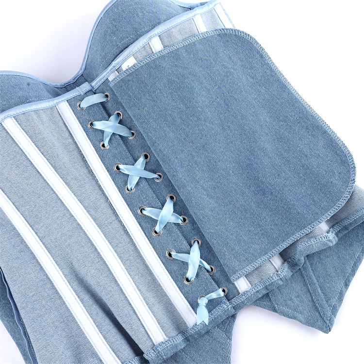 Light Blue Denim Strapless Shapewear Top With Bra Support For Women_voghion.com