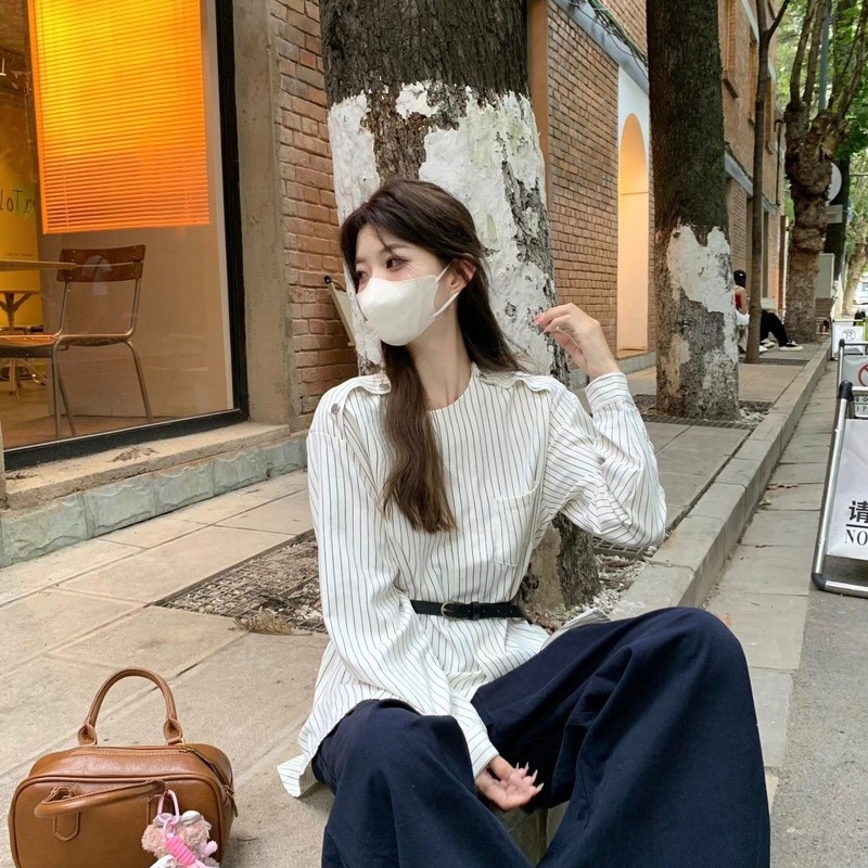 韩系穿搭套装女秋季新款修身条纹长袖衬衫阔腿裤子两件套时尚减龄|undefined