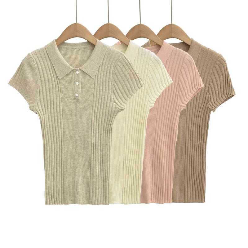 Retro Slim-Fit Polo Collar Short-Sleeved Knitwear for Women Summer New Style Slim-Fitting Ribbed Texture T-Shirt Pullover Top