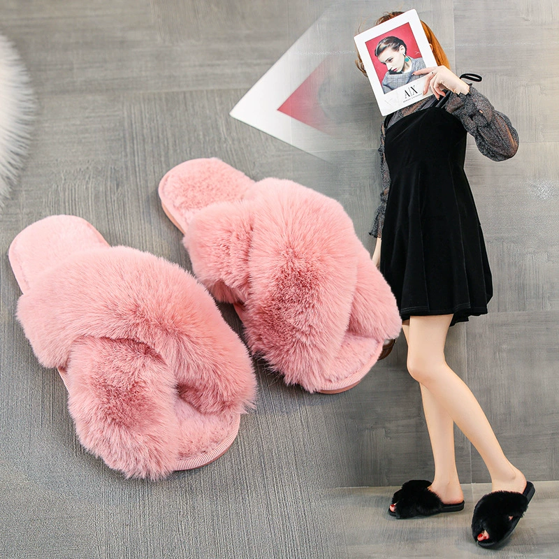 Тапочки плюшевые утолщенные осенне-зимние Новые Домашние модные хлопковые тапочки с открытым носком европейские и американские трансграничные пушистые тапочки больших размеров фабрика