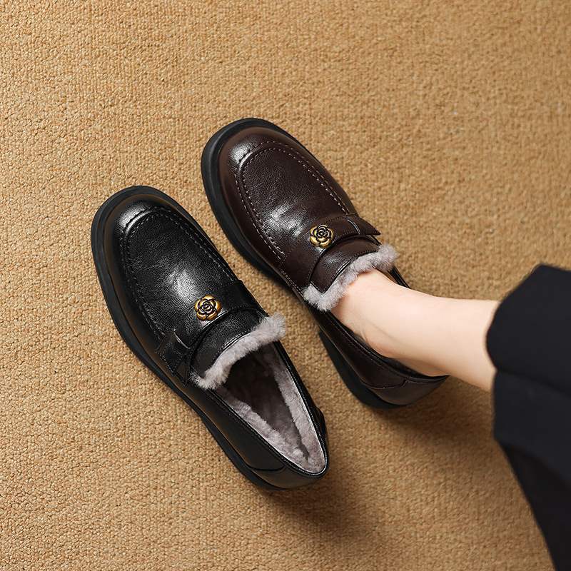 Pure Wool ~ Giant Comfortable ~ Autumn and Winter New Leather Single Shoes Women's Thick Bottom Small Leather Shoes fleece-lined British Style Loafers