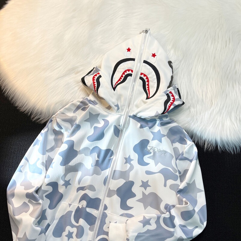 Unisex Spring and Autumn Shark Head Jacket Double Hood American Retro Loose Casual Towel Embroidery Camouflage Jacket