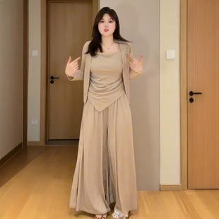 Plus-Size Lazy Irregular Strap Sunscreen Cardigan Wide-Leg Pants Drape Slimming Hidden Flesh Widening Three-Piece Set for Women