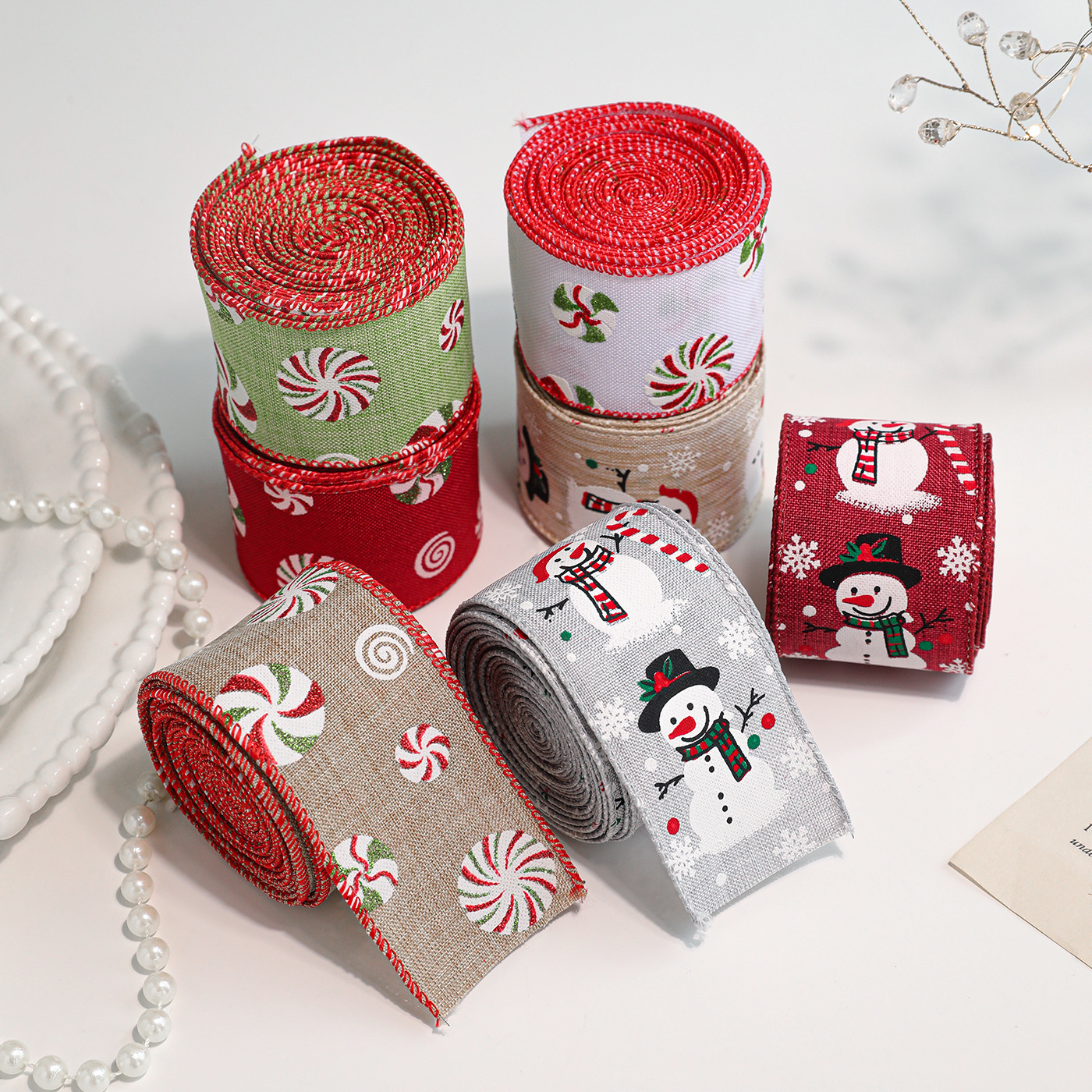 Cintas de Navidad de dibujos animados coloridos muñecos de nieve dulces lino impresión cinta de árbol de Navidad guirnalda regalos arco decoración