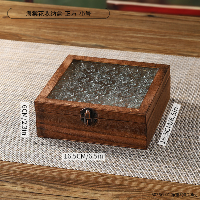 古典海棠玻璃木质储物盒珠宝首饰伴手礼包装盒防尘翻盖桌面收纳盒|undefined