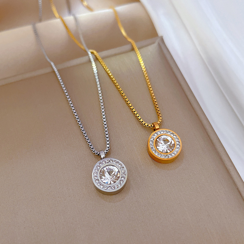 Copper Pendant Material Zircon Inlay Material 304 Stainless Steel Vacuum Plating Zircon Round Casual Simple Style Box Chain Pendant Necklace For Women'S
