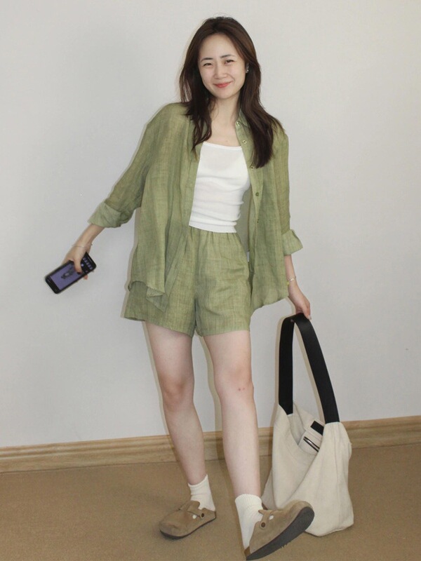 Cotton and Linen Shirt Set for Women, New Summer Style, Petite Korean Style, Lazy Casual Linen Sun Protection Clothing, Shorts Two-Piece Set