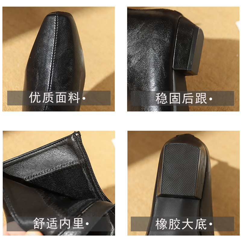 2025秋冬新款真皮法式复古尖头瘦瘦靴女低跟及裸靴马丁靴粗跟短靴|undefined