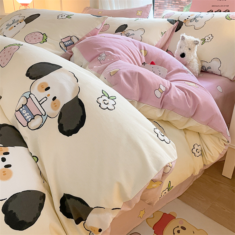 Juego de cuatro piezas de algodón fresco, juego de tres piezas de algodón, funda de edredón gruesa para el hogar, sábana de dormitorio, lijado, cama individual para estudiantes