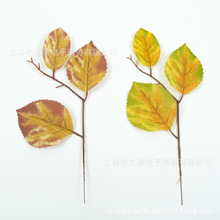 Ebay新款仿真三杈苹果叶插铁线枝春秋色DIY绿植盆栽居家装饰摆件