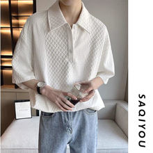 卡其色重磅华夫格t恤男高级感英伦雅痞男装Polo衫短袖夏季五分袖