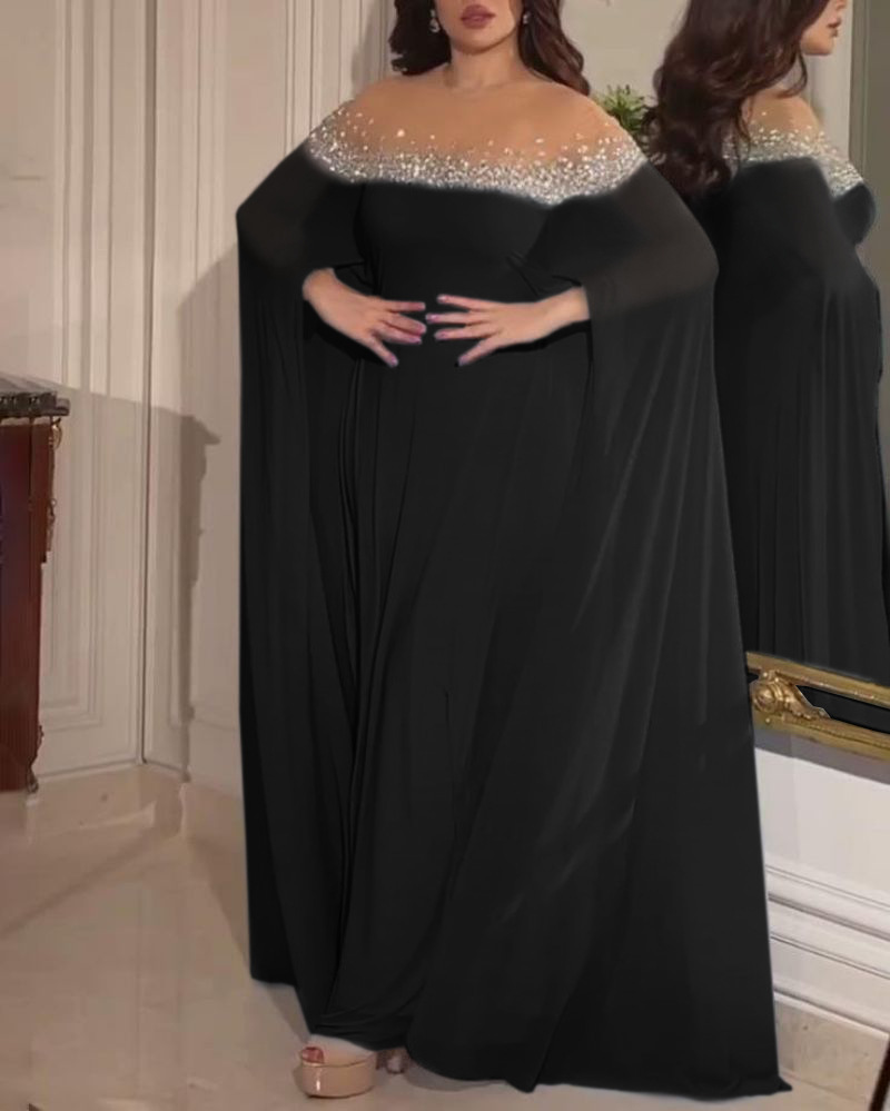 Elegant aftenkjole for damer med perler og stein i chiffon_voghion.com