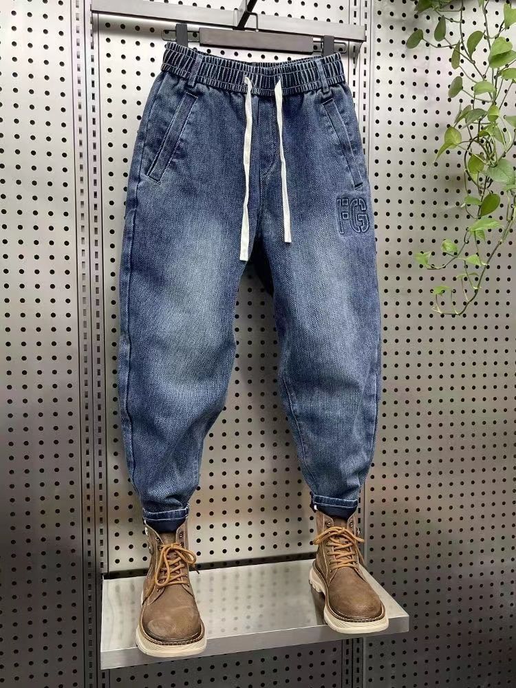 Drawstring tied denim jeans for men's 2023 summer new elastic loose Harlan leggings casual cropped pants_voghion.com