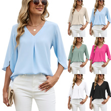 亚马逊欧美跨境外贸2026时尚雪纺衫中袖褶皱V领宽松女式上衣