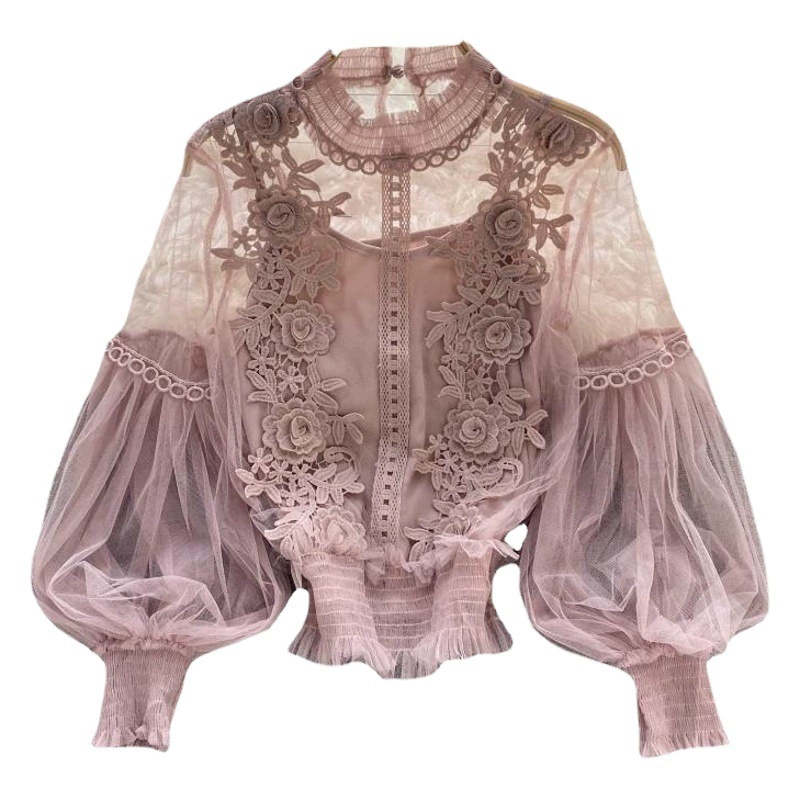 Design Sense Niche, трехмерный цветочный коллаж, перспективный сетчатый рукав-фонарик, приталенный короткий топ, Женская кружевная Базовая рубашка