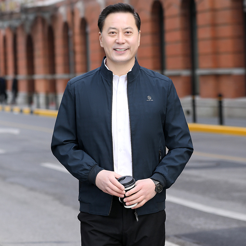 [Antiarrugas a prueba de viento] chaqueta de primavera y otoño de los hombres para padres de mediana edad y ancianos chaqueta de cuello alto de negocios de primavera delgada