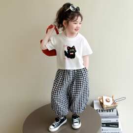 女童套装短袖衣服儿童夏装2026新款洋气时髦女宝宝格子薄款批发