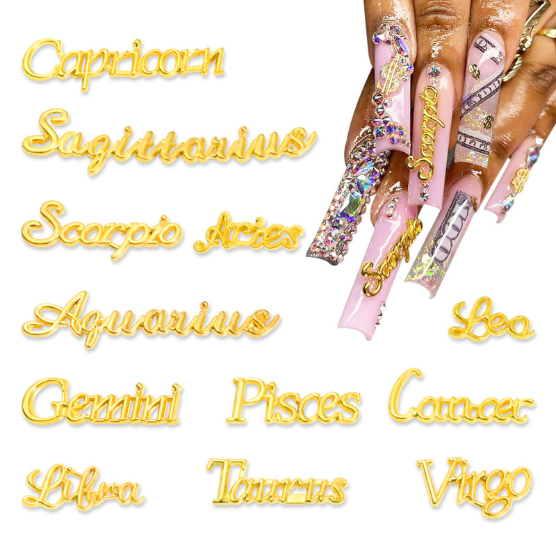 12 Constellation Letter Nail Metal Accessories DIY Mobile Phone Case Material Gold Silver Pink Nail Art Alloy Decoration