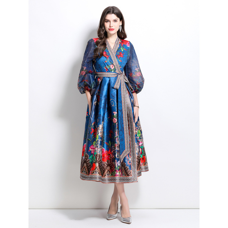 Elegant and Fashionable Cross-Border 2026 Spring New V-Neck Ethnic Style Printed Satin Wrap Long Dress