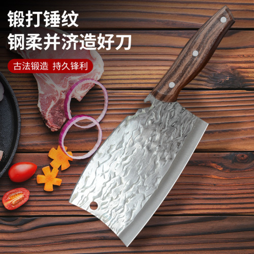 Live broadcast best-selling stainless steel hammered texture forging kitchen cutting and meat chopping bone cleaver double-edged chopping two-in-one bottle opener