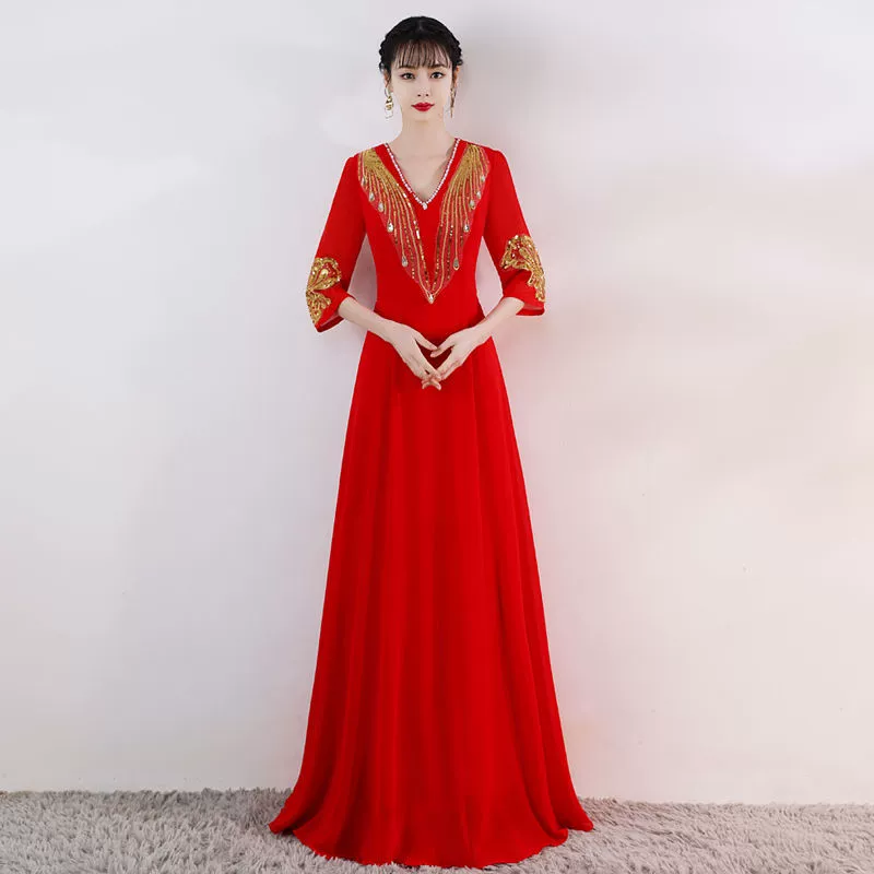 1 июля Красный костюм для выступления хора песен Женское длинное платье Хор Поэзия Рекитация Ведущий дирижер Платье для похудения.