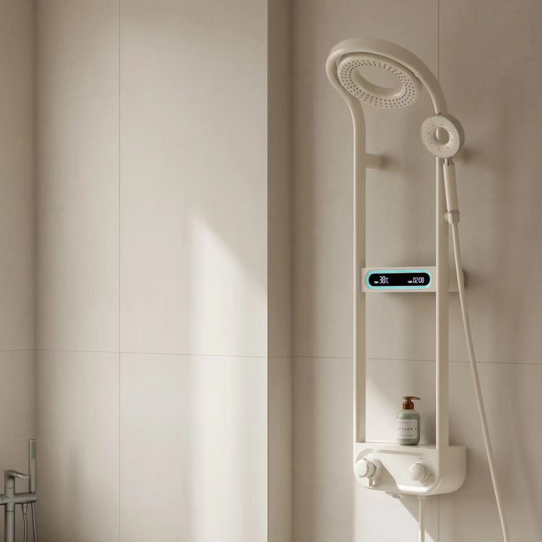 Pistola transfronteriza gris blanco ducha cabeza traje sobrealimentado almacenamiento rack pantalla digital ducha hogar Baño ducha