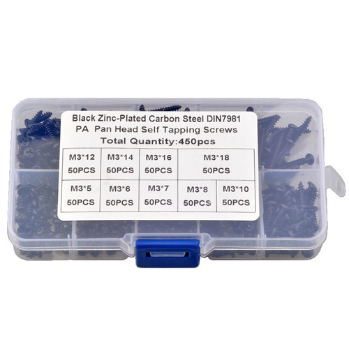 Cross-border boxed screw set 450pcs/500PCS black carbon steel PA cross-recessed self-tapping screw combo kit