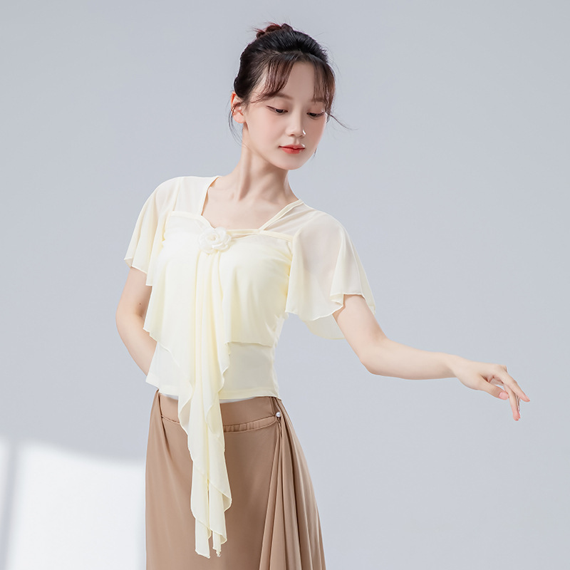 オリジナルデザインの女性用クラシックダンス練習服、夏用二層メッシュ、エレガントで妖精のような花の形をした半袖ガーゼ服|undefined